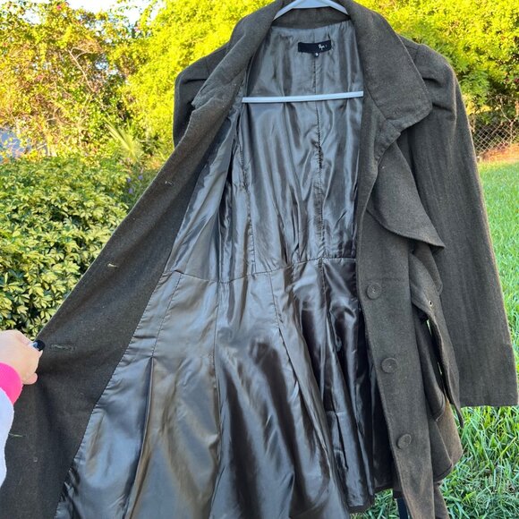 Ryu Green Ruffled Wool Blend Buckle Mid Length Trench Coat Size S - Picture 3 of 8